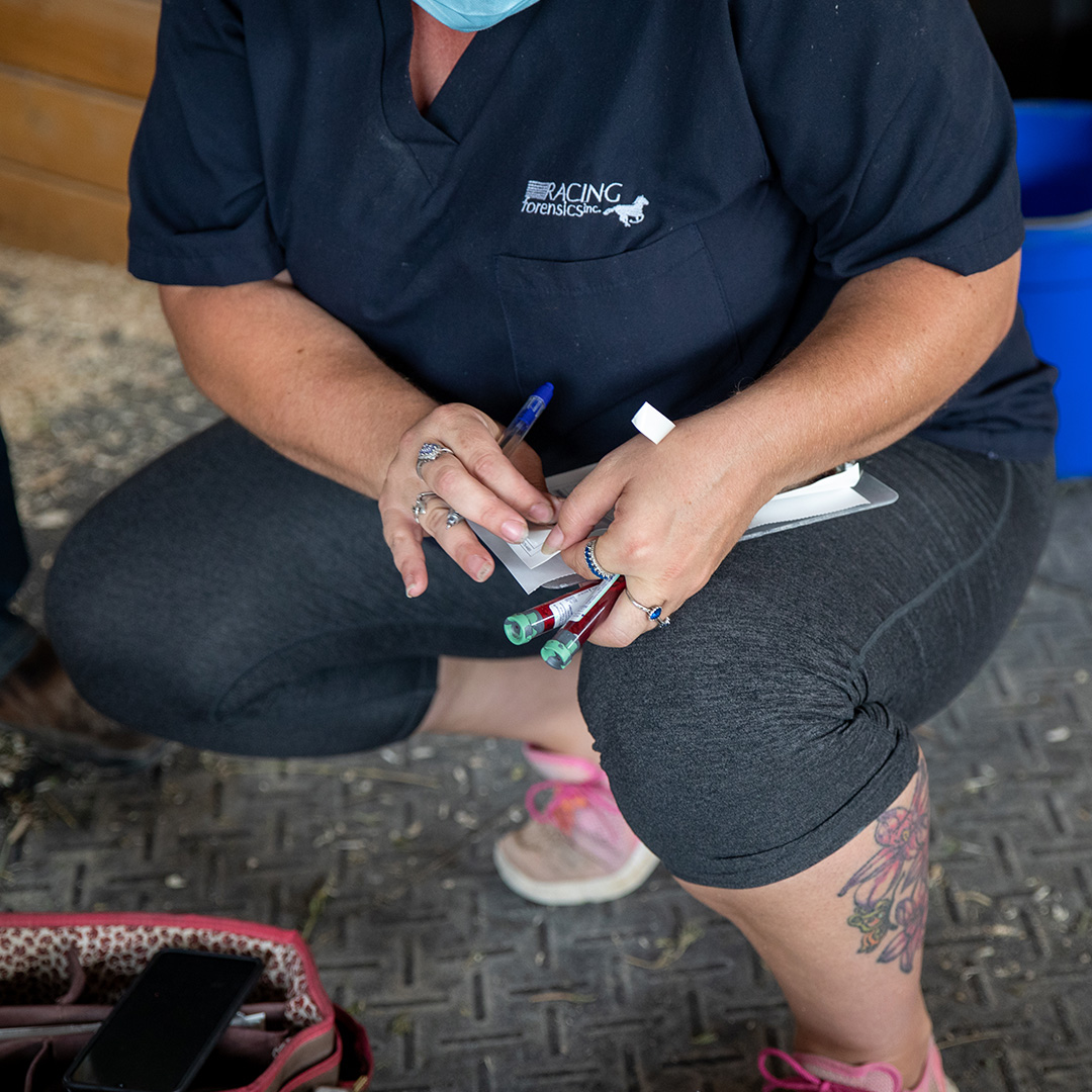 A Veterinary Technician crouched, labelling a blood sample